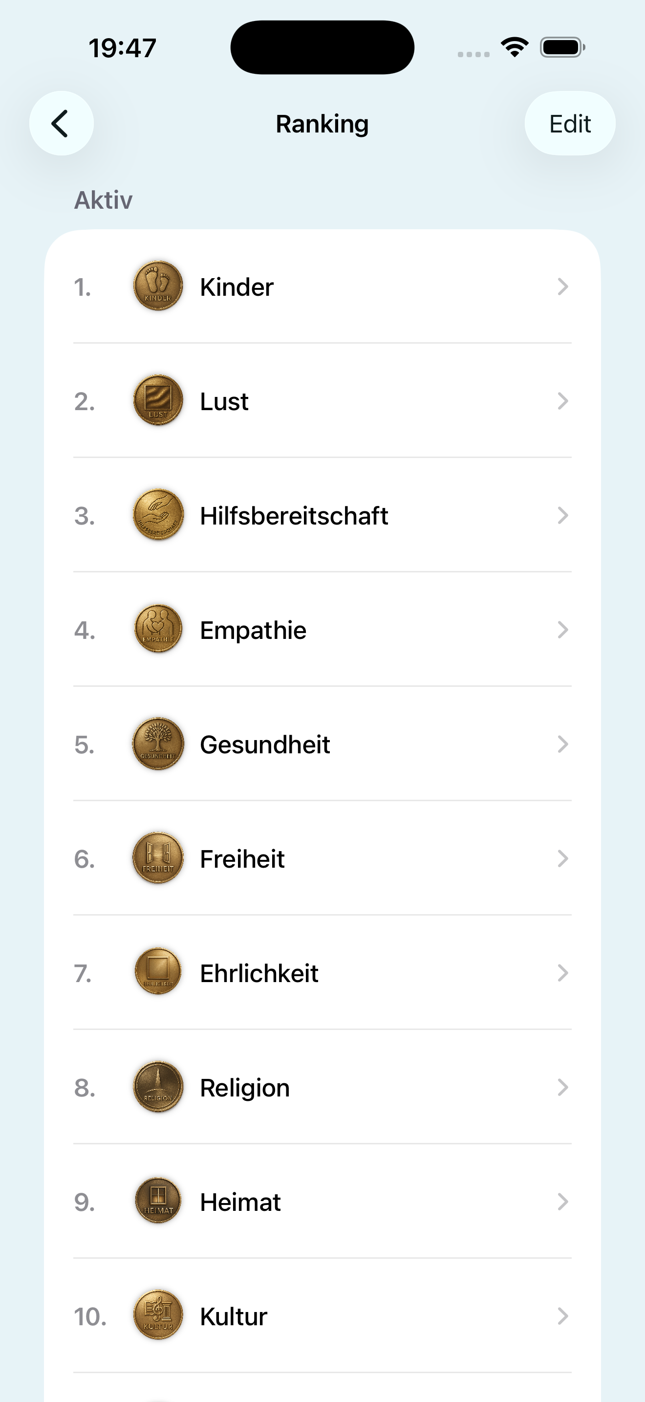 Screenshot: Ranking-Ansicht des Wertekompass